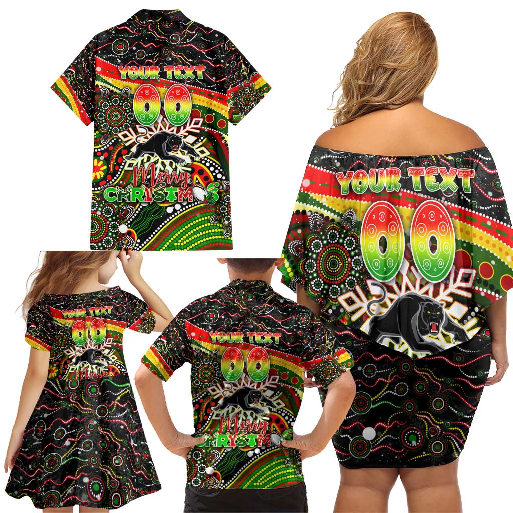 Merry Christmas Penrith Panthers Family Matching Off Shoulder Short Dress and Hawaiian Shirt Aboriginal Santa Rugby Mascot - The Riff