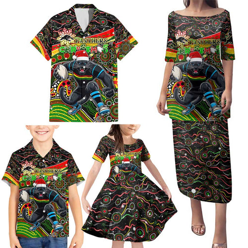 Merry Christmas Penrith Panthers Family Matching Puletasi and Hawaiian Shirt Aboriginal Santa Rugby Mascot - The Riff