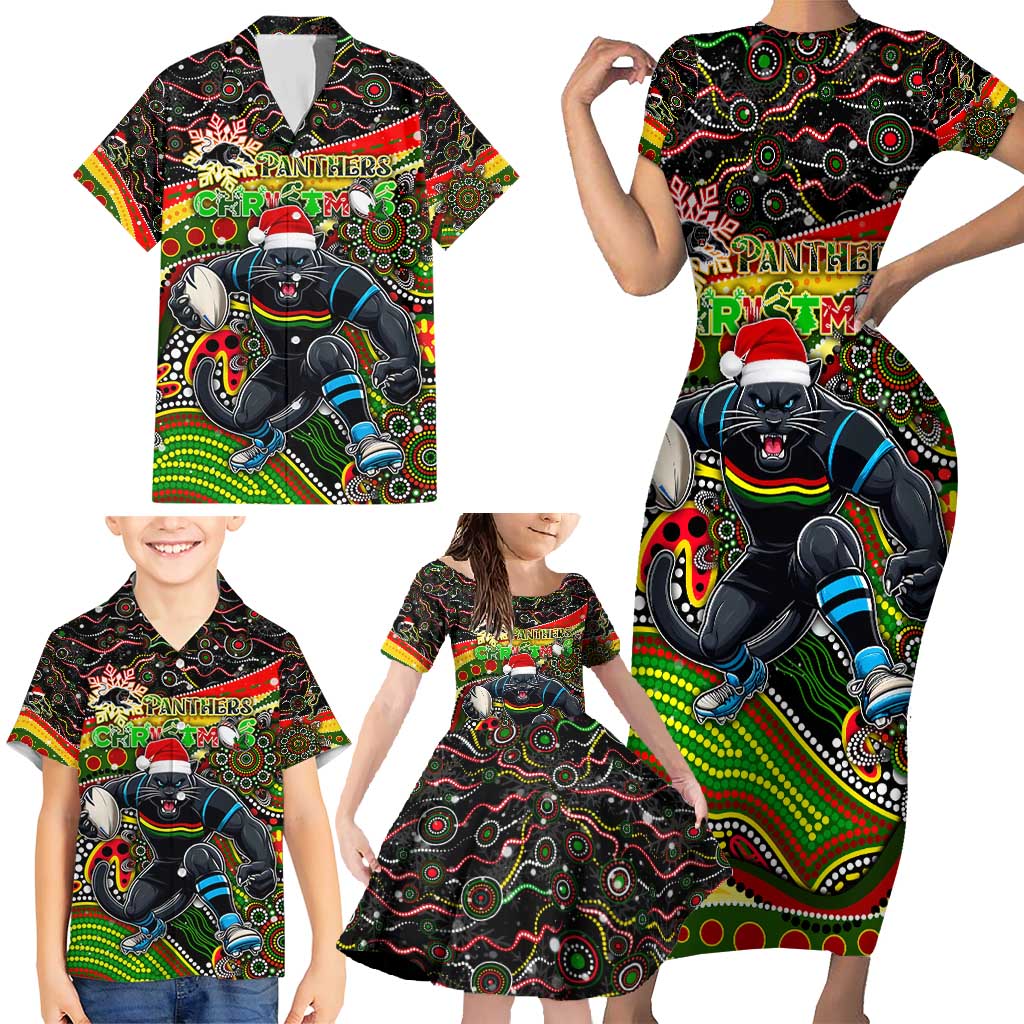 Merry Christmas Penrith Panthers Family Matching Short Sleeve Bodycon Dress and Hawaiian Shirt Aboriginal Santa Rugby Mascot - The Riff