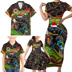 Merry Christmas Penrith Panthers Family Matching Short Sleeve Bodycon Dress and Hawaiian Shirt Aboriginal Santa Rugby Mascot - The Riff