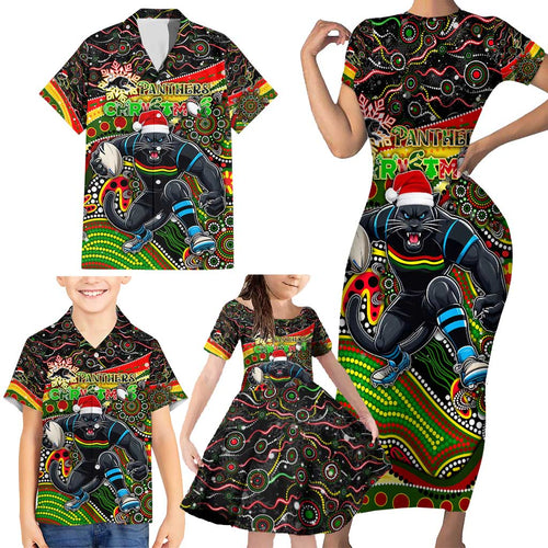 Merry Christmas Penrith Panthers Family Matching Short Sleeve Bodycon Dress and Hawaiian Shirt Aboriginal Santa Rugby Mascot - The Riff