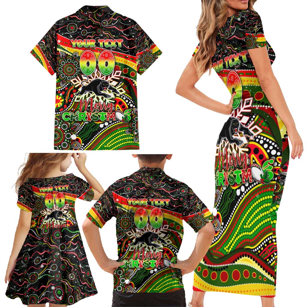 Merry Christmas Penrith Panthers Family Matching Short Sleeve Bodycon Dress and Hawaiian Shirt Aboriginal Santa Rugby Mascot - The Riff