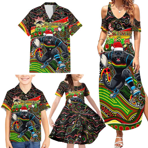 Merry Christmas Penrith Panthers Family Matching Summer Maxi Dress and Hawaiian Shirt Aboriginal Santa Rugby Mascot - The Riff