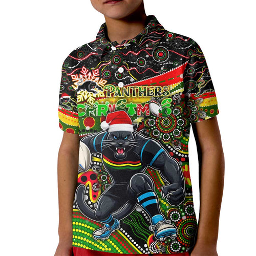 Merry Christmas Penrith Panthers Kid Polo Shirt Aboriginal Santa Rugby Mascot - The Riff