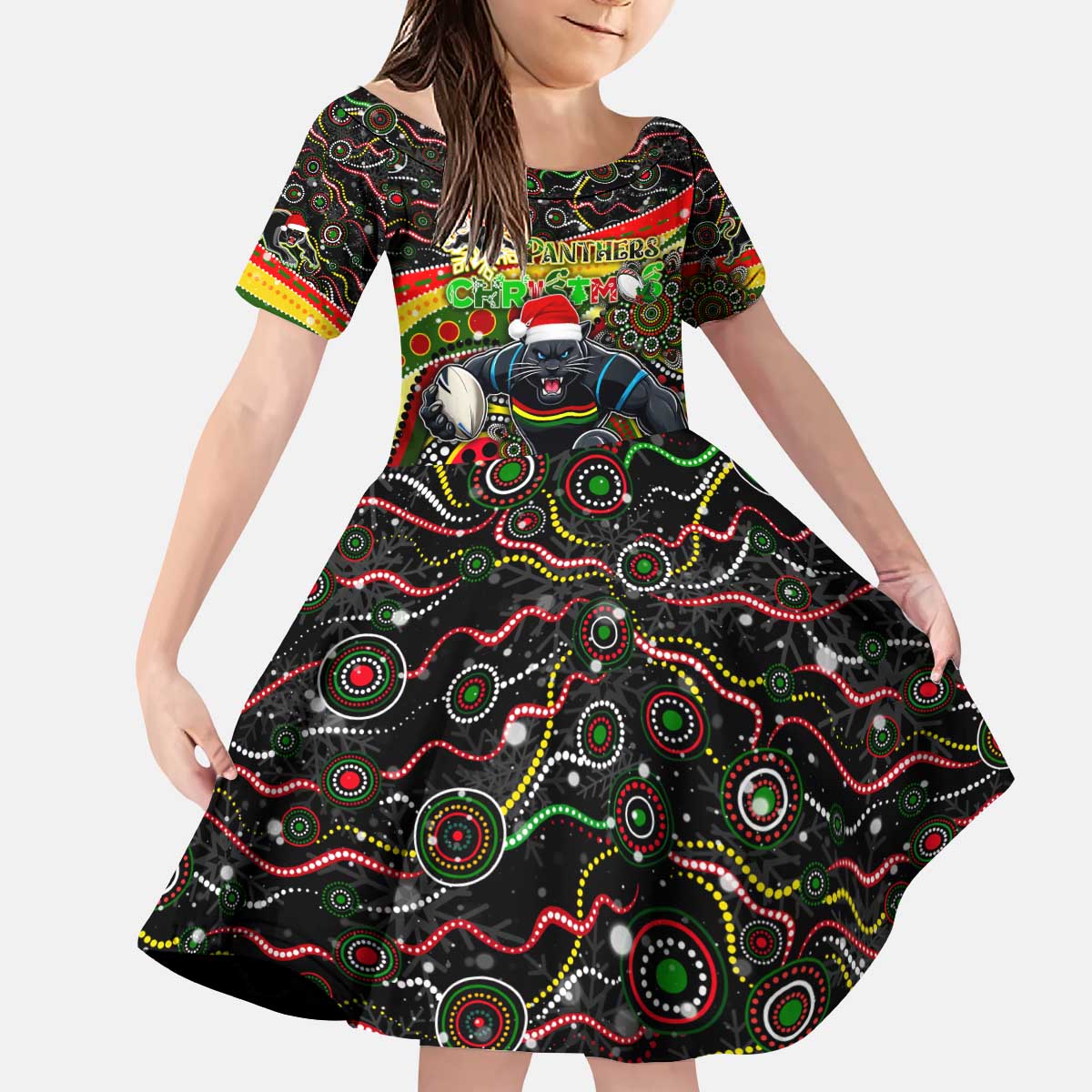 Merry Christmas Penrith Panthers Kid Short Sleeve Dress Aboriginal Santa Rugby Mascot - The Riff