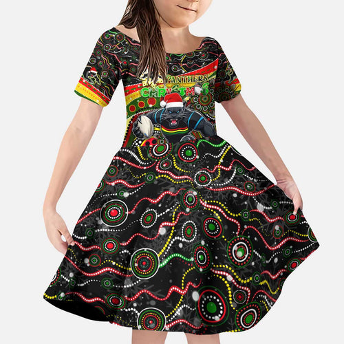 Merry Christmas Penrith Panthers Kid Short Sleeve Dress Aboriginal Santa Rugby Mascot - The Riff