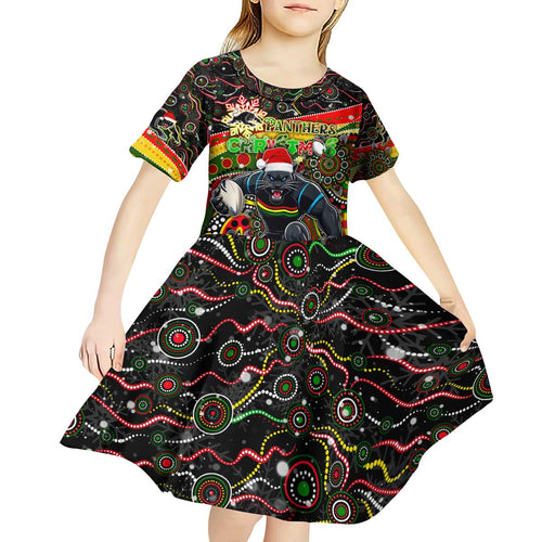 Merry Christmas Penrith Panthers Kid Short Sleeve Dress Aboriginal Santa Rugby Mascot - The Riff