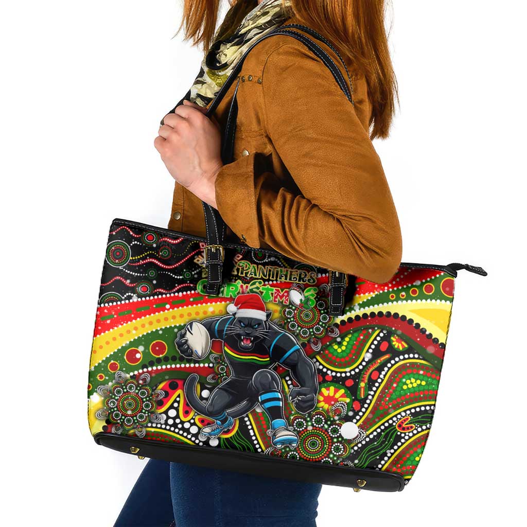 Merry Christmas Penrith Panthers Leather Tote Bag Aboriginal Santa Rugby Mascot - The Riff