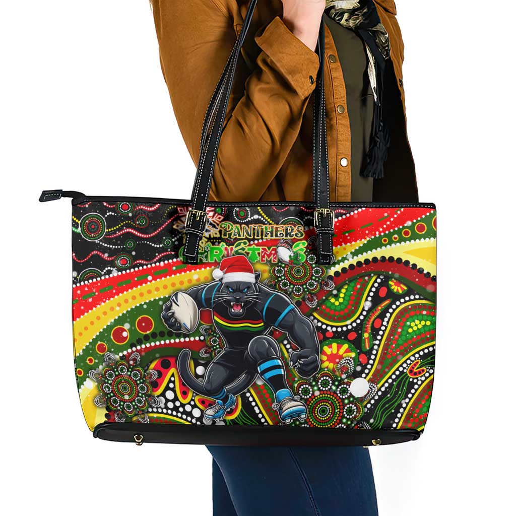 Merry Christmas Penrith Panthers Leather Tote Bag Aboriginal Santa Rugby Mascot - The Riff