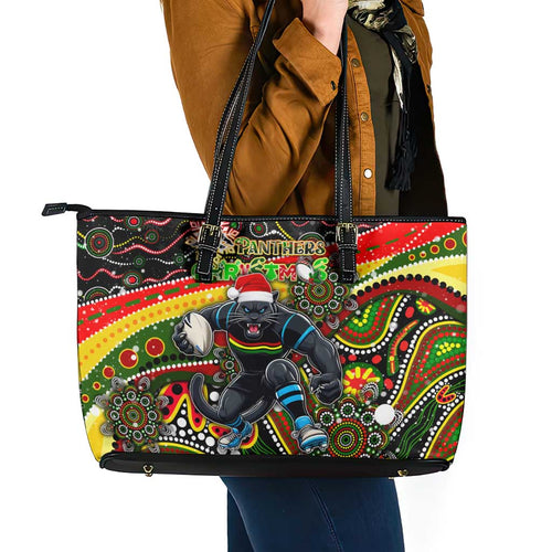 Merry Christmas Penrith Panthers Leather Tote Bag Aboriginal Santa Rugby Mascot - The Riff