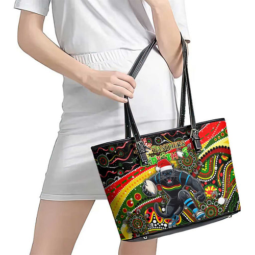 Merry Christmas Penrith Panthers Leather Tote Bag Aboriginal Santa Rugby Mascot - The Riff