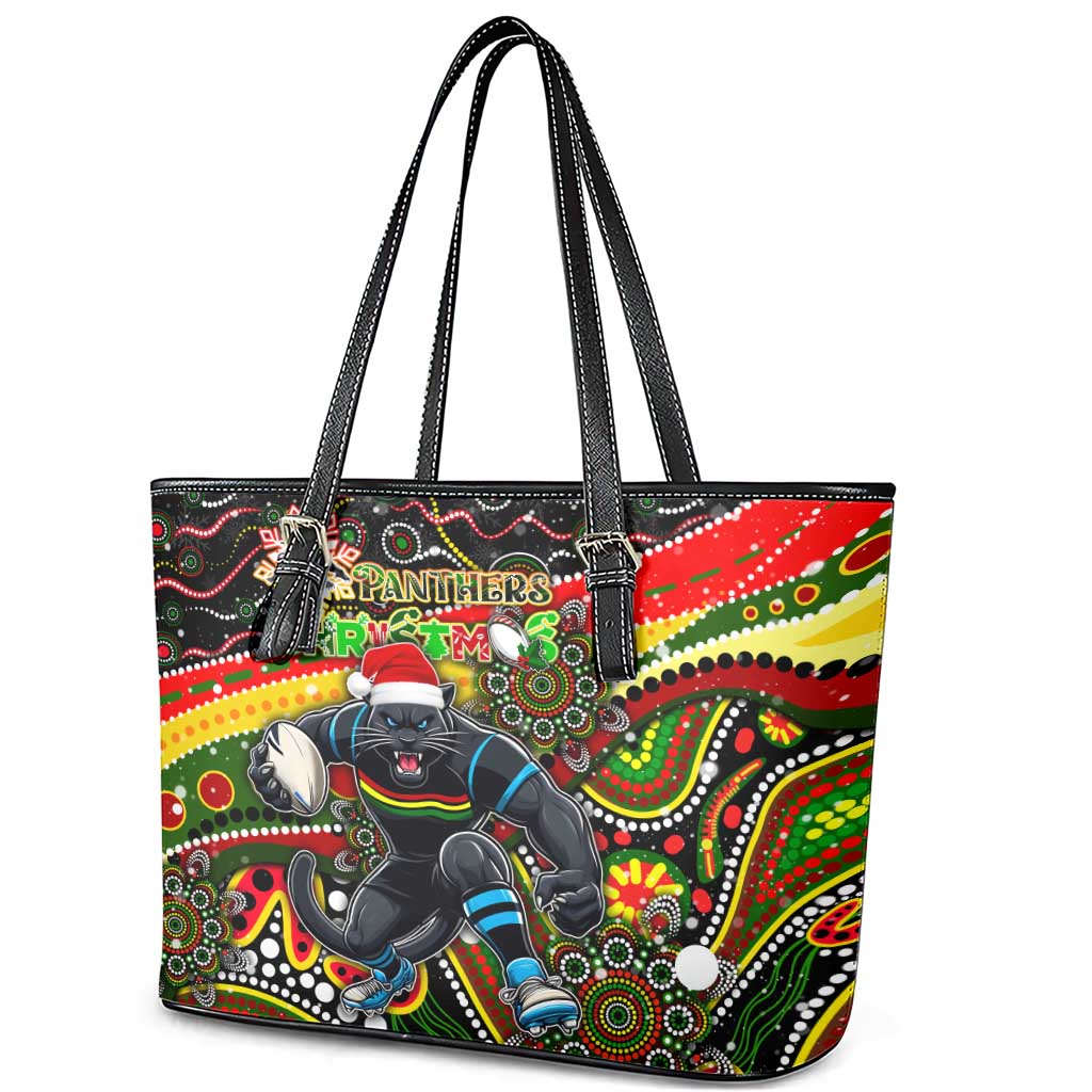 Merry Christmas Penrith Panthers Leather Tote Bag Aboriginal Santa Rugby Mascot - The Riff