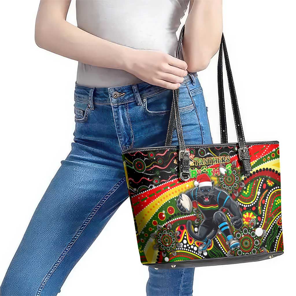 Merry Christmas Penrith Panthers Leather Tote Bag Aboriginal Santa Rugby Mascot - The Riff