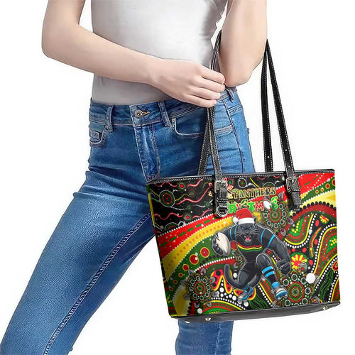Merry Christmas Penrith Panthers Leather Tote Bag Aboriginal Santa Rugby Mascot - The Riff