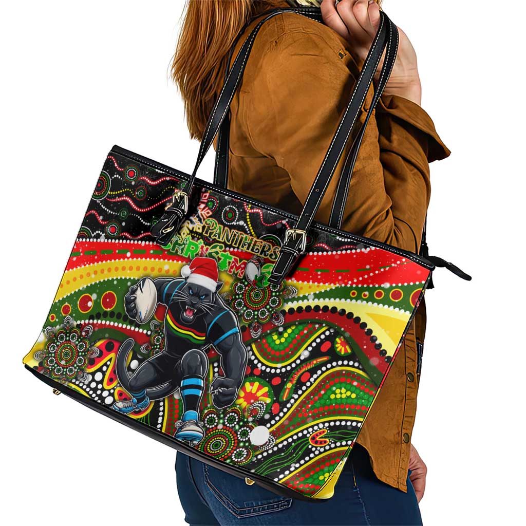 Merry Christmas Penrith Panthers Leather Tote Bag Aboriginal Santa Rugby Mascot - The Riff