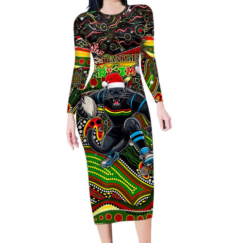 Merry Christmas Penrith Panthers Long Sleeve Bodycon Dress Aboriginal Santa Rugby Mascot - The Riff