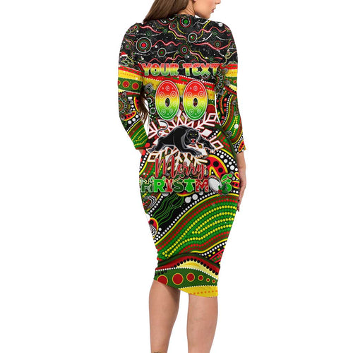 Merry Christmas Penrith Panthers Long Sleeve Bodycon Dress Aboriginal Santa Rugby Mascot - The Riff