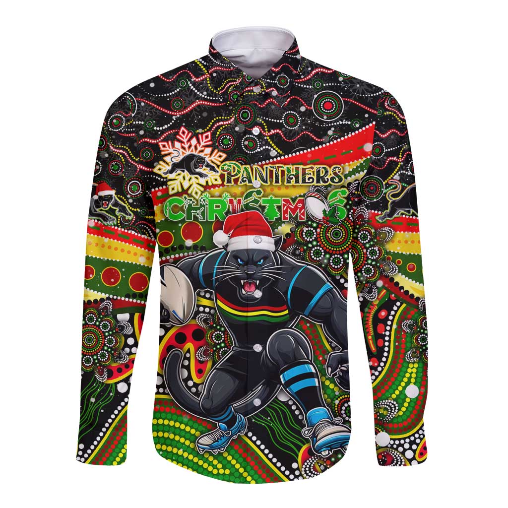 Merry Christmas Penrith Panthers Long Sleeve Button Shirt Aboriginal Santa Rugby Mascot - The Riff
