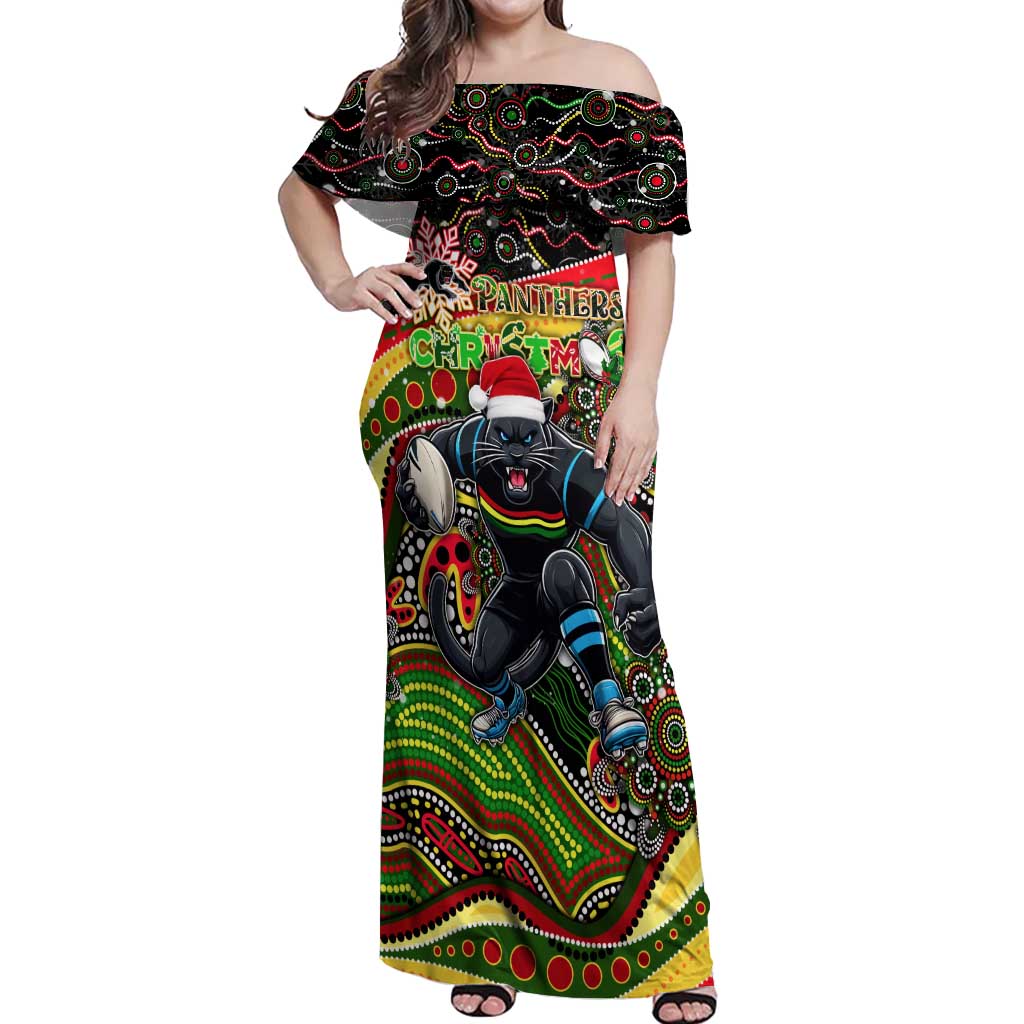Merry Christmas Penrith Panthers Off Shoulder Maxi Dress Aboriginal Santa Rugby Mascot - The Riff