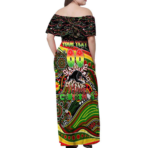 Merry Christmas Penrith Panthers Off Shoulder Maxi Dress Aboriginal Santa Rugby Mascot - The Riff