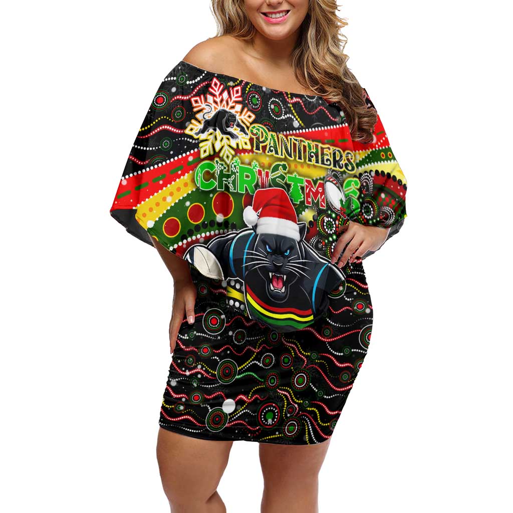 Merry Christmas Penrith Panthers Off Shoulder Short Dress Aboriginal Santa Rugby Mascot - The Riff