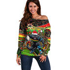 Merry Christmas Penrith Panthers Off Shoulder Sweater Aboriginal Santa Rugby Mascot - The Riff
