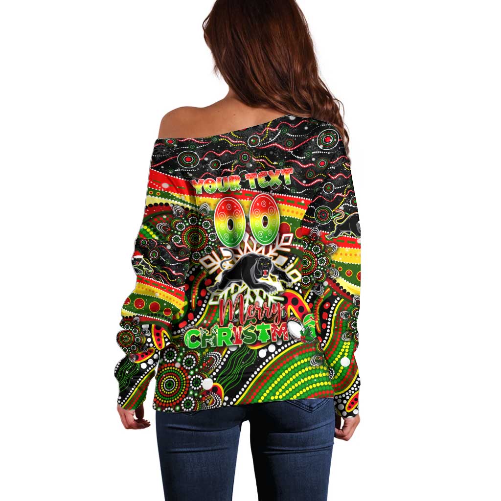 Merry Christmas Penrith Panthers Off Shoulder Sweater Aboriginal Santa Rugby Mascot - The Riff