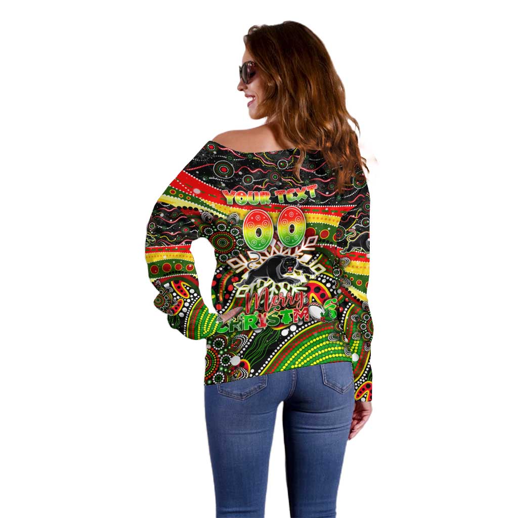 Merry Christmas Penrith Panthers Off Shoulder Sweater Aboriginal Santa Rugby Mascot - The Riff