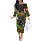 Merry Christmas Penrith Panthers Off The Shoulder Long Sleeve Dress Aboriginal Santa Rugby Mascot - The Riff