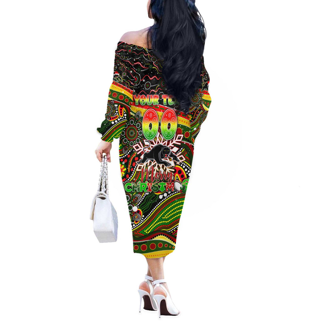 Merry Christmas Penrith Panthers Off The Shoulder Long Sleeve Dress Aboriginal Santa Rugby Mascot - The Riff