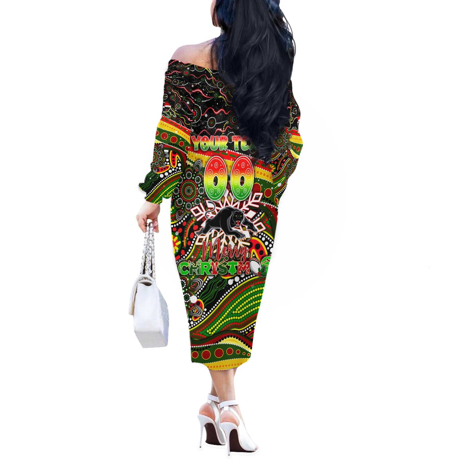 Merry Christmas Penrith Panthers Off The Shoulder Long Sleeve Dress Aboriginal Santa Rugby Mascot - The Riff