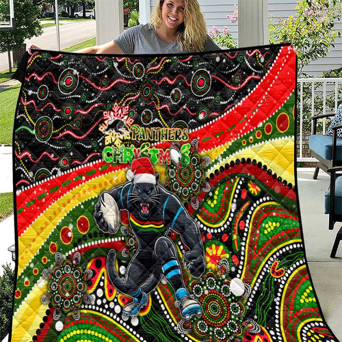 Merry Christmas Penrith Panthers Quilt Aboriginal Santa Rugby Mascot - The Riff