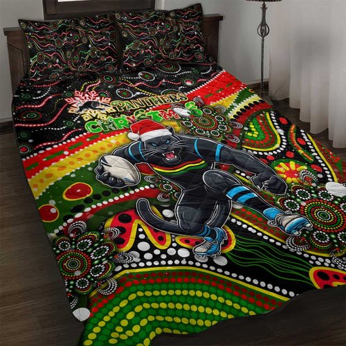 Merry Christmas Penrith Panthers Quilt Bed Set Aboriginal Santa Rugby Mascot - The Riff