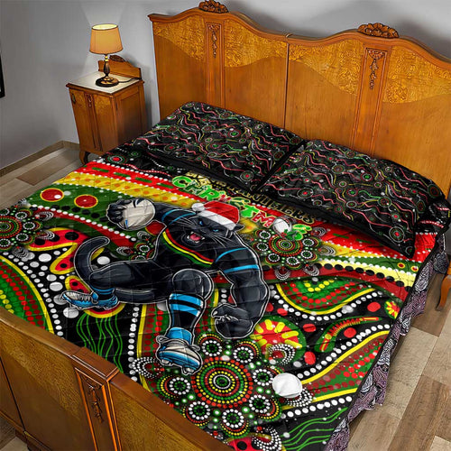 Merry Christmas Penrith Panthers Quilt Bed Set Aboriginal Santa Rugby Mascot - The Riff