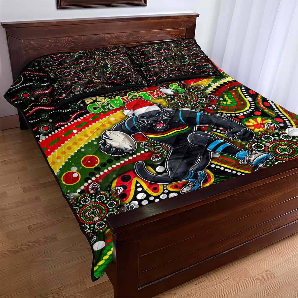 Merry Christmas Penrith Panthers Quilt Bed Set Aboriginal Santa Rugby Mascot - The Riff