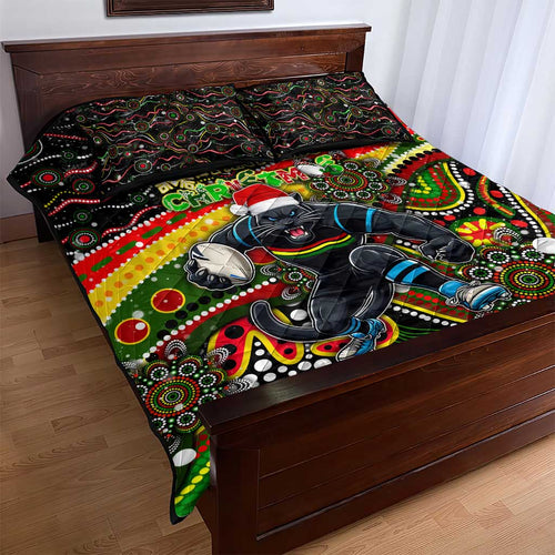 Merry Christmas Penrith Panthers Quilt Bed Set Aboriginal Santa Rugby Mascot - The Riff