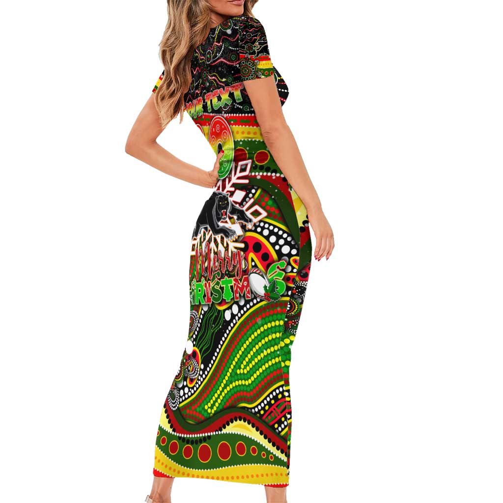 Merry Christmas Penrith Panthers Short Sleeve Bodycon Dress Aboriginal Santa Rugby Mascot - The Riff