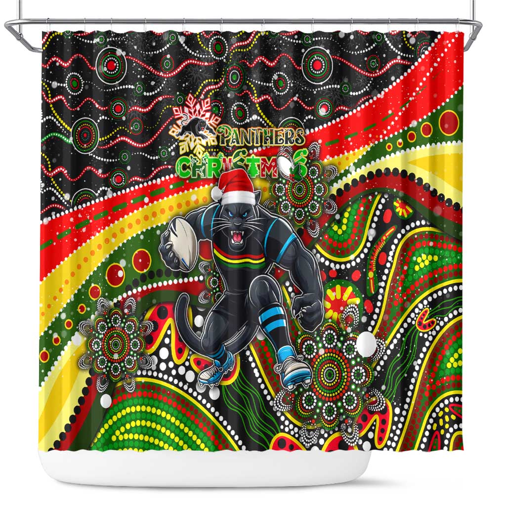 Merry Christmas Penrith Panthers Shower Curtain Aboriginal Santa Rugby Mascot - The Riff