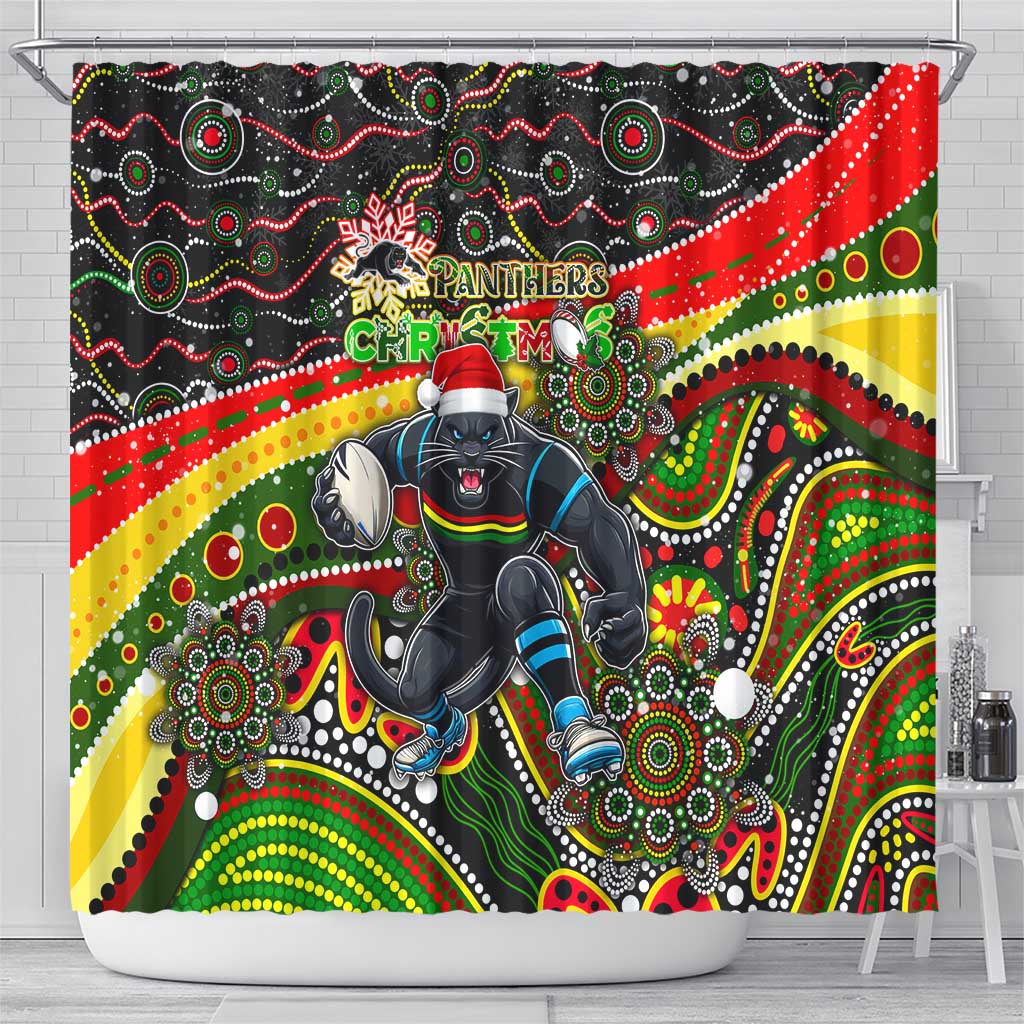 Merry Christmas Penrith Panthers Shower Curtain Aboriginal Santa Rugby Mascot - The Riff