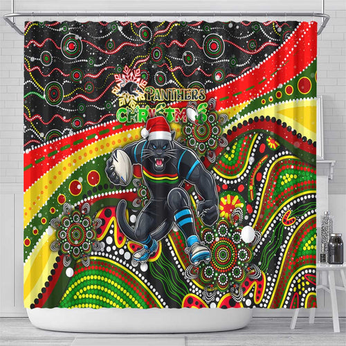 Merry Christmas Penrith Panthers Shower Curtain Aboriginal Santa Rugby Mascot - The Riff