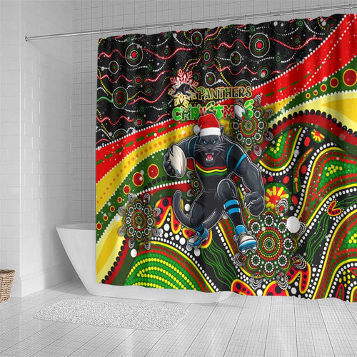 Merry Christmas Penrith Panthers Shower Curtain Aboriginal Santa Rugby Mascot - The Riff