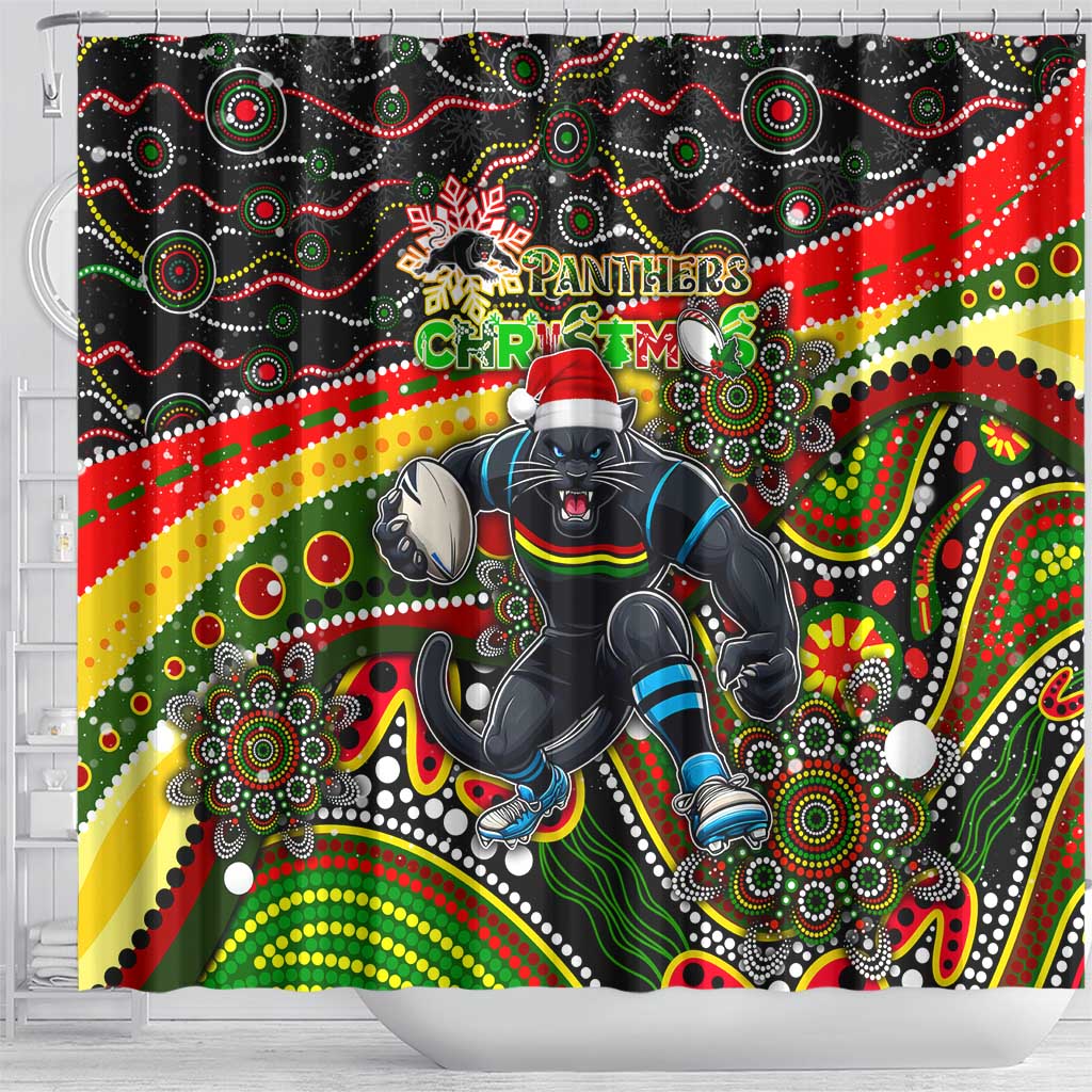 Merry Christmas Penrith Panthers Shower Curtain Aboriginal Santa Rugby Mascot - The Riff