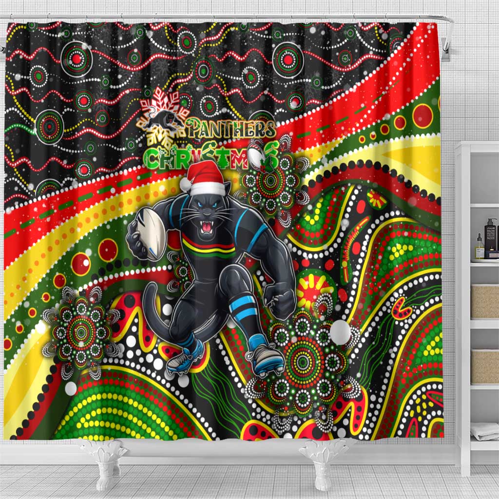 Merry Christmas Penrith Panthers Shower Curtain Aboriginal Santa Rugby Mascot - The Riff