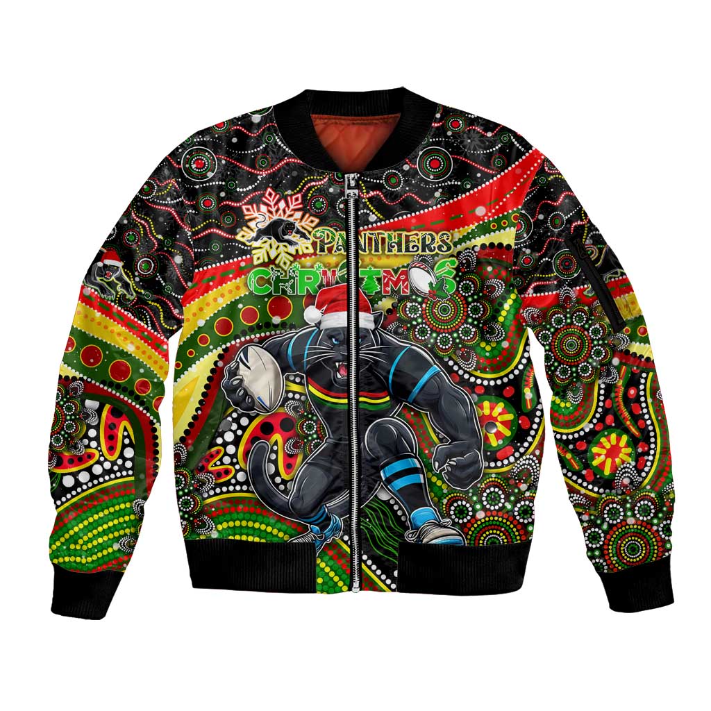 Merry Christmas Penrith Panthers Sleeve Zip Bomber Jacket Aboriginal Santa Rugby Mascot - The Riff