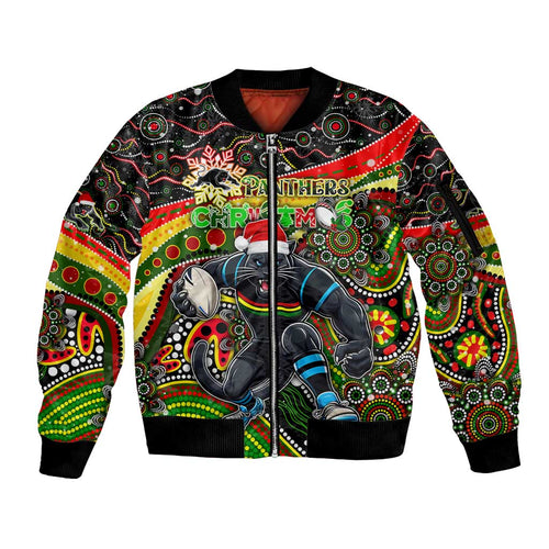 Merry Christmas Penrith Panthers Sleeve Zip Bomber Jacket Aboriginal Santa Rugby Mascot - The Riff