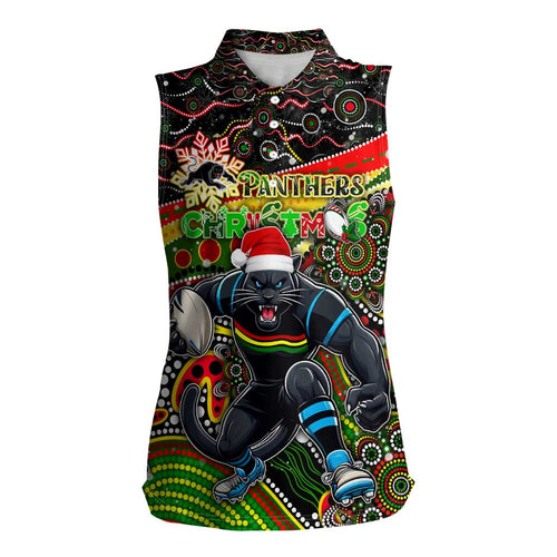 Merry Christmas Penrith Panthers Women Sleeveless Polo Shirt Aboriginal Santa Rugby Mascot - The Riff