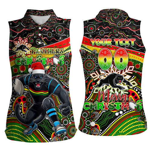 Merry Christmas Penrith Panthers Women Sleeveless Polo Shirt Aboriginal Santa Rugby Mascot - The Riff