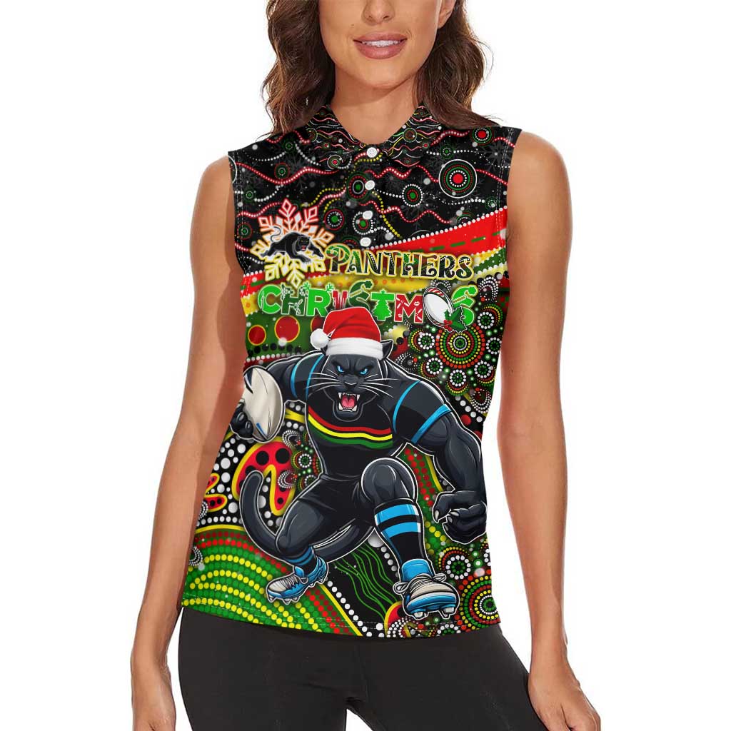 Merry Christmas Penrith Panthers Women Sleeveless Polo Shirt Aboriginal Santa Rugby Mascot - The Riff