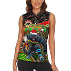 Merry Christmas Penrith Panthers Women Sleeveless Polo Shirt Aboriginal Santa Rugby Mascot - The Riff