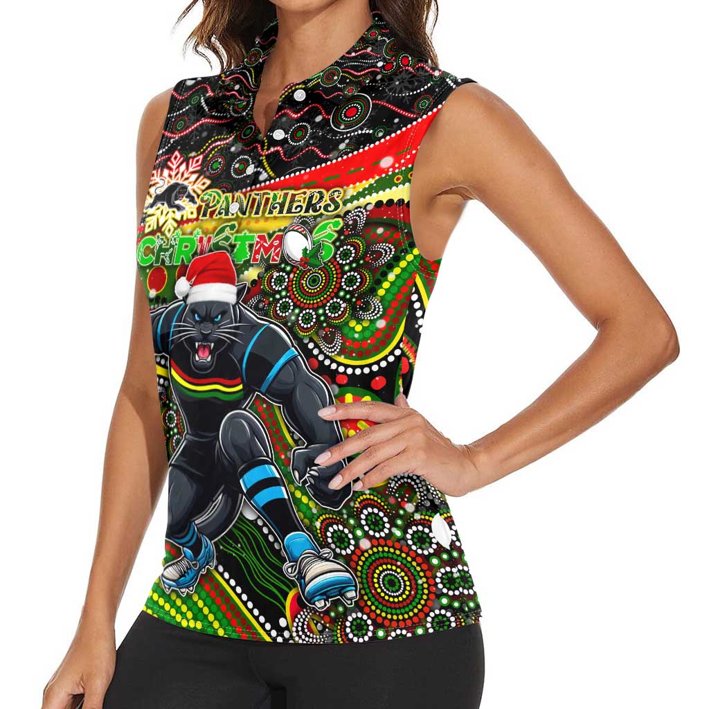 Merry Christmas Penrith Panthers Women Sleeveless Polo Shirt Aboriginal Santa Rugby Mascot - The Riff